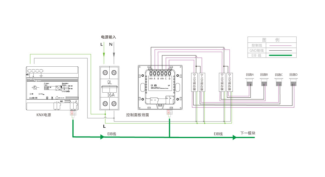 KNX，UP智能调光面板，接线图和尺寸图